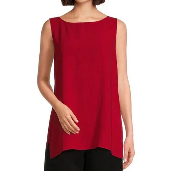 Eileen Fisher Silk Georgette Tunic Top Sleeveless Minimalist Scalt Red XXS NWT - Picture 1 of 9